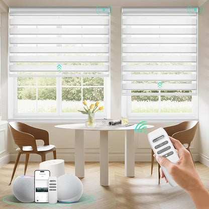 HeyBlinds Motorized Zebra Blinds with Remote, Smart Cordless Electric Zebra Shades for Indoor Windows Compatible with Alexa Google & Homekit, Custom Size (Waving-Perla White BO)