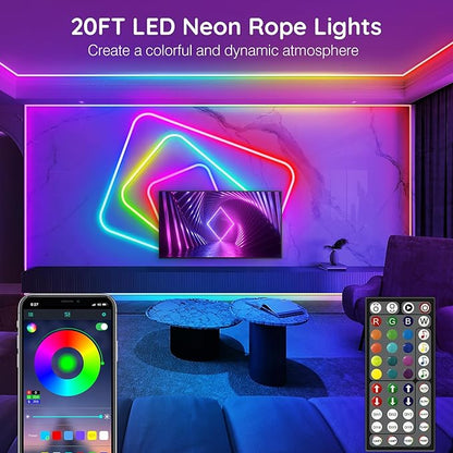 AILBTON 20Ft Neon Rope Lights,Flexible Led Rope Lights Control with App/Remote,Multiple Modes RopeLights,IP65 Outdoor RGB Led Neon Lights NonWater Resistant,Music Sync Gaming Led NeonLight Strip