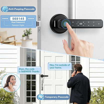 Fingerprint Door Lock, Door Locks for Bedroom, Keyless Entry Door Knob with Handle,Generate Passcode App Remotely-Smart Door Lock for Apartment, Office-Black