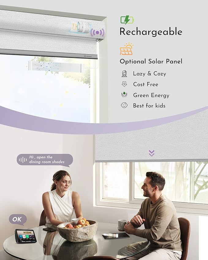 Graywind Smart Blackout Roller Shades for Alexa Google Textured Gleaming Fabric Rechargeable Motorized Blinds Cordless Remote Control Window Shades, Custom Size (Striped White) (GW-QZYM-TH00)