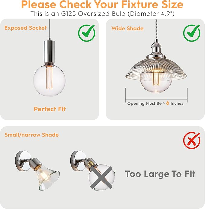 Large Globe Light Bulb, Vintage Edison Dimmable LED Bulb, 3.5W Low Lumen Eye-Caring Soft Dim Lighting for Mood(Not Daylight White), E26 Medium Base, Giant Round Glass Cover Clear RN G125