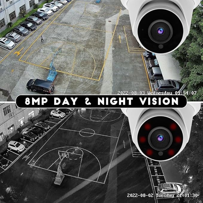 4K 8MP Security PoE IP Camera 80ft IR Night Vision Turret Dome Camera Outdoor with Microphone/Audio，2.8mm Fixed Lens，110°Wide Angle，IP66 Waterproof