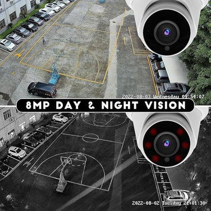 4K 8MP Security PoE IP Camera 80ft IR Night Vision Turret Dome Camera Outdoor with Microphone/Audio，2.8mm Fixed Lens，110°Wide Angle，IP66 Waterproof
