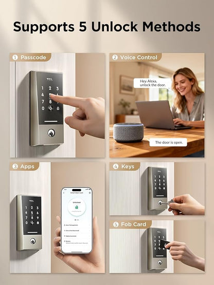 TCL Wi-Fi Smart Lock D2, Keyless Entry WiFi Door Lock with Key Fob, Built-in Doorbell, Touchscreen Keypad, App Remote Control, Easy Installation, No Bridge Required, Auto Lock (Brushed Nickel)