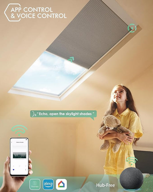 Yoolax Motorized Skylight Shades, Smart Cellular Shades Compatible with Alexa Google, Electric Cordless Honeycomb Blinds with Remote for Roof Inclined Plane Room (Blackout Light Grey)