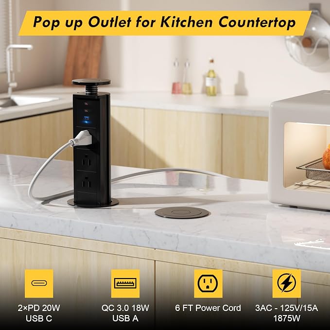 Kungfuking Pop Up Outlet for Countertop, Socket with 3 AC Outlets & 2 PD 20W USB-C & 1 USB-APorts, Pull Power Kitchen Conference Office, 3-3/8 Inch(85MM) Hole Grommet Strip, Dark Black
