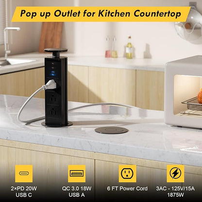 Kungfuking Pop Up Outlet for Countertop, Socket with 3 AC Outlets & 2 PD 20W USB-C & 1 USB-APorts, Pull Power Kitchen Conference Office, 3-3/8 Inch(85MM) Hole Grommet Strip, Dark Black
