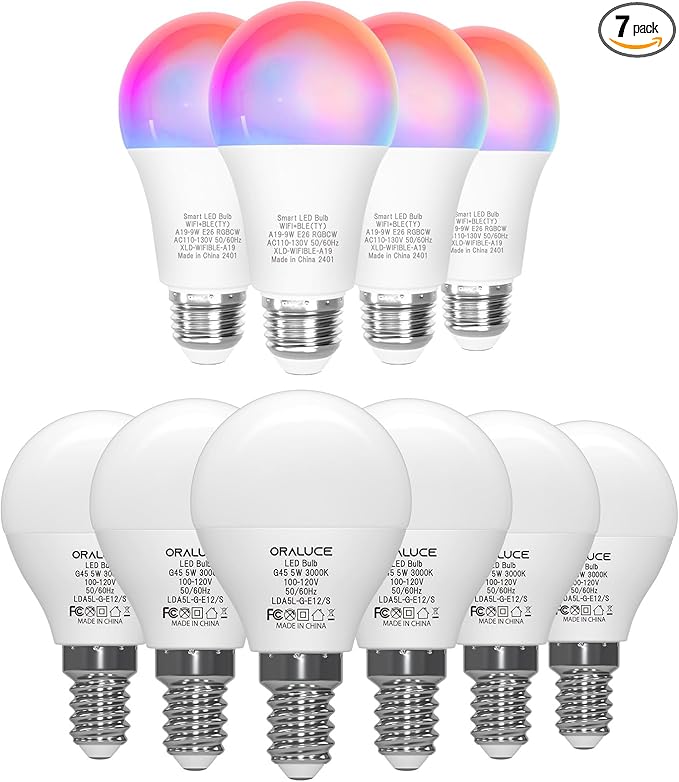 ORALUCE 丨 Bundle - A15 e12 Base Lightbulbs Warm White 3000K (Pack of 6) & Smart LED Bulb A19 Wi-Fi and Bluetooth (Pack of 4)