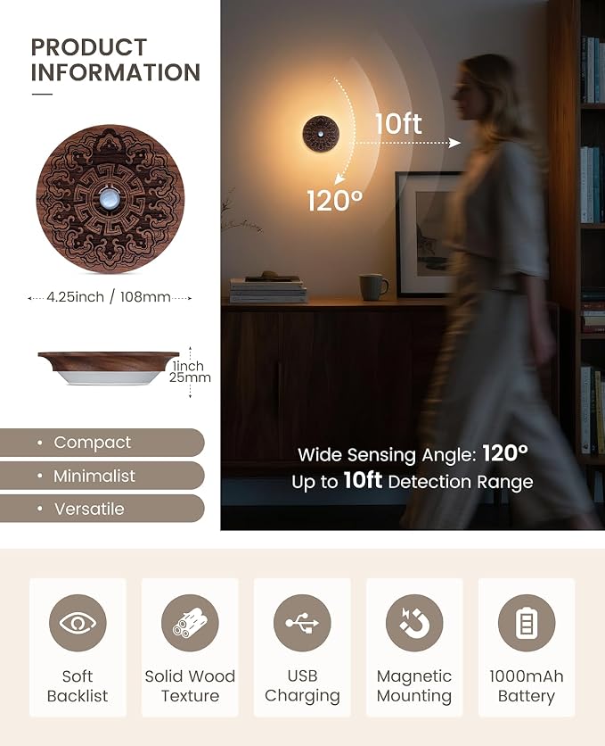 Carved Flower Wood Motion Sensor Night Light, Rechargeable Magnetic