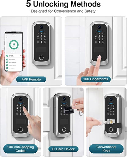 Video Smart Lock with Camera, Built-in Rechargeable Lithium Battery Entry Keyless Door Lock, App Control, Fingerprint ID, IC Card, Keypad Code, Auto Lock for Front Door (Silver)