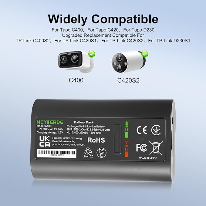 2-Pack 7000mAh Rechargeable Replacement Batteries for Tapo A100 Camera, Compatible with Tapo C400/C400S2, C420/C420S1/C420S2, D230/D230S1