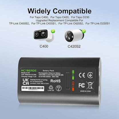 2-Pack 7000mAh Rechargeable Replacement Batteries for Tapo A100 Camera, Compatible with Tapo C400/C400S2, C420/C420S1/C420S2, D230/D230S1