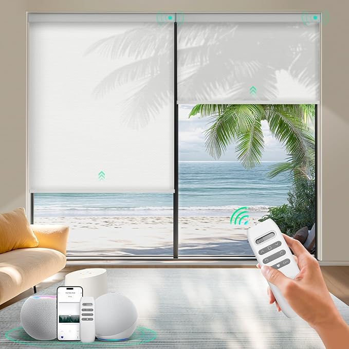 HeyBlinds Motorized Blinds with Remote, Smart Roller Shades with App & Voice Control, Work with Alexa Google HomeKit, Light Filtering Custom Window Shades for Living Room Office (Simply-Soft White LF)