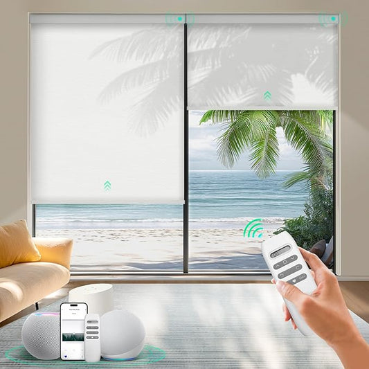 HeyBlinds Motorized Blinds with Remote, Smart Roller Shades with App & Voice Control, Work with Alexa Google HomeKit, Light Filtering Custom Window Shades for Living Room Office (Simply-Soft White LF)