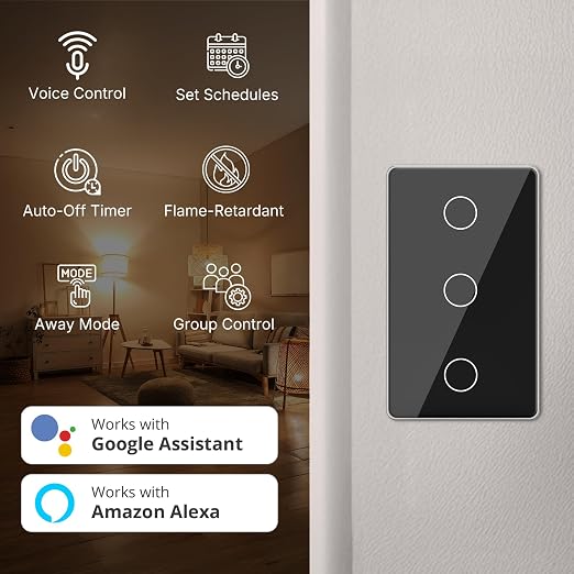 2.4GHz WiFi Smart Touch Wall Single Fire Smart Light Switch, Need Neutral Wire, Glass Panel Light Switch Work with Smart Life/Tuya App, Alexa and Google Home (Black 3 Gang)