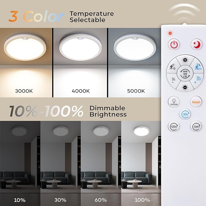 Annaror 2Pack Motion Ceiling Light with Remote, 8.7IN Wired Motion Sensor Light Indoor 3000K/4000K/5000K, Closet Lights Motion Sensored with Timer, Dimmable Motion Activated Light for Hallway Stair