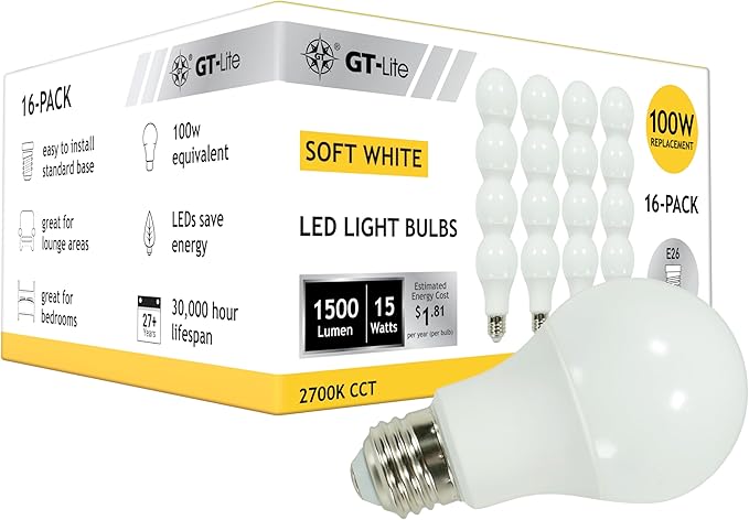 GT-Lite 16 Pack Soft White LED Light Bulbs,100 watt Equivalent,15 watt 1500LM 2700K, A19 Shape, E26 Medium Base, Standard Household Lightbulb for Lamps, Living Room, bedrooms