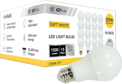 GT-Lite 16 Pack Soft White LED Light Bulbs,100 watt Equivalent,15 watt 1500LM 2700K, A19 Shape, E26 Medium Base, Standard Household Lightbulb for Lamps, Living Room, bedrooms