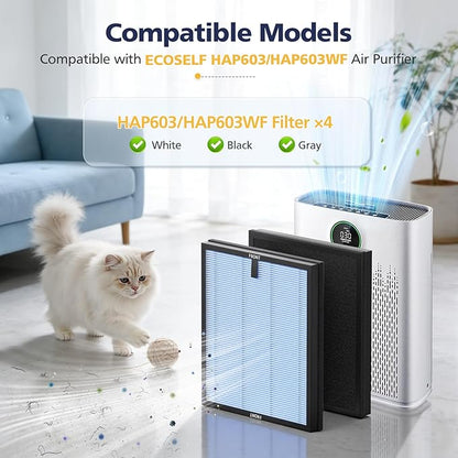 4-Pack HAP603 Replacement Filter Compatible With ECOSELF HAP603 & HAP603WF Air Purifier, 3-IN-1 Hepa Filter with Activated Carbon for Home Office, # RFHAP603, Blue