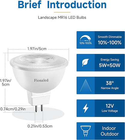 Dimmable MR16 LED Bulbs, 50W Halogen Replacement, 5000K Bright Daylight White, GU5.3 Bipin Base, 5W 12V Low Voltage Landscape Recessed Lighting Bulbs,10-Pack