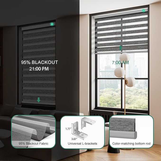 Motorized Zebra Blinds with Remote, Work with HomeKit Alexa Automatic Electric Window Shades 95% Blackout Light Filtering for Smart Home and Office, Customized Size Modern Dark Gray