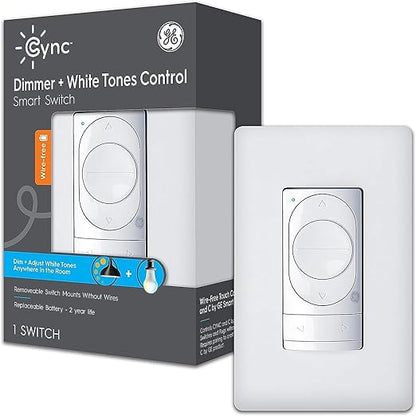 GE CYNC Dimmer Smart Switch, Wire-Free, Dimmer + White Tones Control with Bluetooth, No Wiring Required (Packaging May Vary)