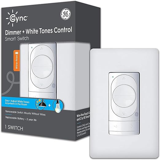 GE CYNC Dimmer Smart Switch, Wire-Free, Dimmer + White Tones Control with Bluetooth, No Wiring Required (Packaging May Vary)
