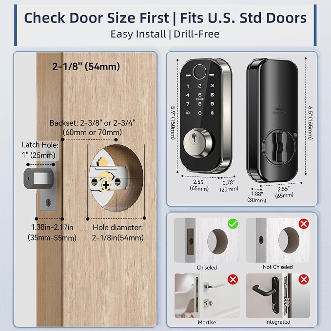 Ulecoce DL08 Fingerprint Smart deadbolt with with App Control, Satin Nickel | 5‑in‑1 Smart Deadbolt with Remote Control, Auto‑Lock, Touchscreen Keypad, 5 Keys & 2 Fobs, USB‑C Port, ANSI Grade 3 Security