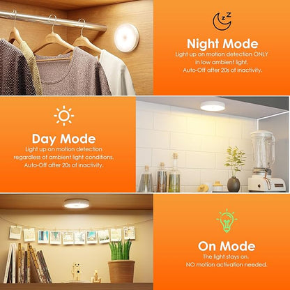 Motion Sensor Puck Light with Remote, Wireless Dimmable Under Cabinet Lighting, Rechargeable Magnetic Closet Night Light, 8-Pack, Warm White
