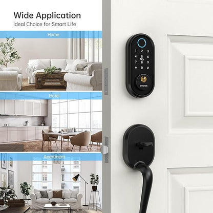 Smart Front Door Lock Set: SMONET Keyless Entry Door Lock Deadbolt with Handle Set Keypad Fingerprint Locks Alexa Electronic Digital Locksets with Bluetooth APP/IC Cards/Auto Lock, Matte Black