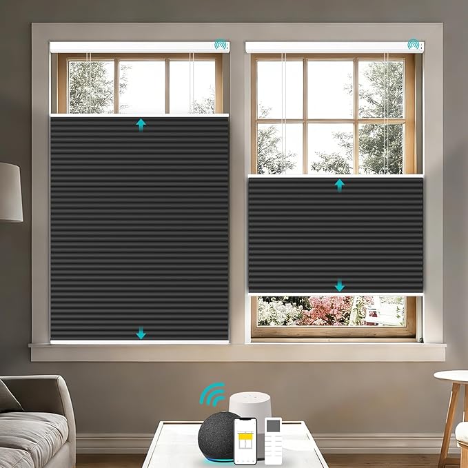 Motorized Top Down Bottom Up Cellular Shades with Remote, Custom Cordless Smart Honeycomb Blinds, Automatic Electric Blackout Window Blinds Compatible with Alexa Google for Home Office, Black