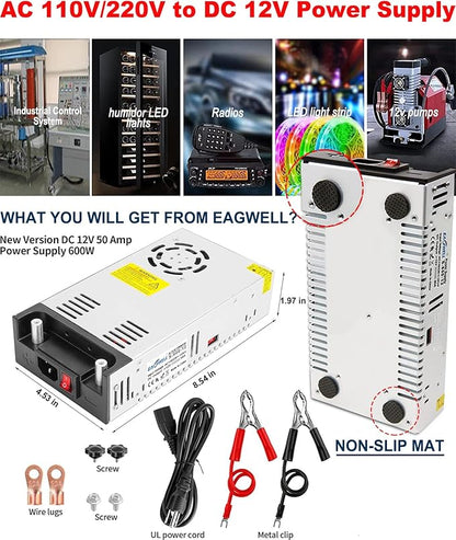 EAGWELL New Version 110V AC to 12V DC Converter 600W Power Supply 50A, Universal SMPS Transformer for RV, Pump, LED Strip, CCTV, Car Stereo,Diesel Heater
