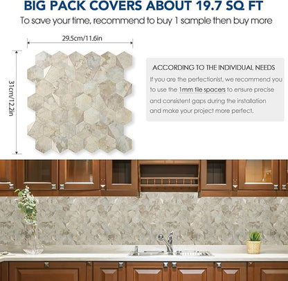 20 Sheets Hexagon Peel and Stick Backsplash for Kitchen Wall, Heat Resistant Stick on Backsplash PVC Smart Tiles, 12'' Ecru Beige Stone Waterproof Peel and Stick Tile for Bathroom