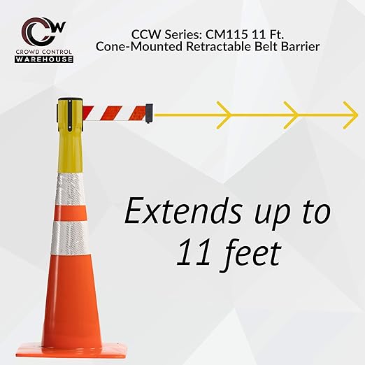 Trafford Industrial 11 Ft. Cone-Mounted Retractable Belt Barrier Orange Case with Yellow Belt