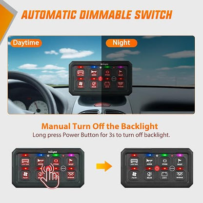Nilight 8 Gang Switch Panel Red 12V 24V Circuit Control Relay System 4-Mode | Fuse Wiring Harness Automatic Dimmable LED Pod Toggle/Momentary/Strobe/Flash Modes for Car Pickup Truck Camper SUV