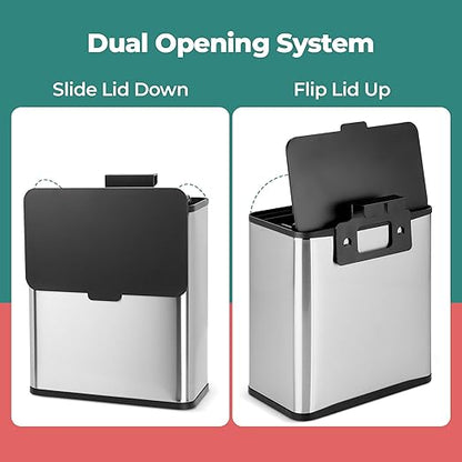 HOLDN’ STORAGE 6L Compost Bin Kitchen for Countertop, Hang-on Cabinet Door, Small Trash Can with Lid, Odor Control, Stainless Steel, Fingerprint-Resistant, for Bathroom, RV, Office