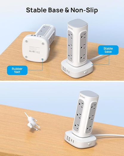 TROND Surge Protector Power Strip Tower - 10ft Flat Plug Extension Cord with Multiple Outlets, 4 USB Ports, Vertical Charging Station, 1700 J, Home Office Desk Supplies, Dorm Room Essentials, White