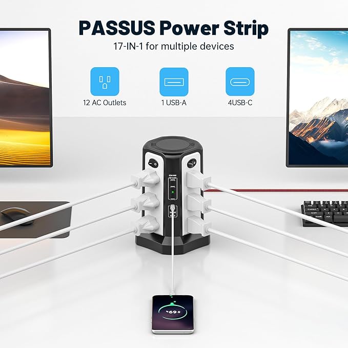 PD65W USB C Fast Desktop Charging Station, PASSUS Surge Protector Power Strip with 12 AC Outlets|4 USB C|1 USB A, 10FT Extension Cord with Overload Protection for Home Office Dorm