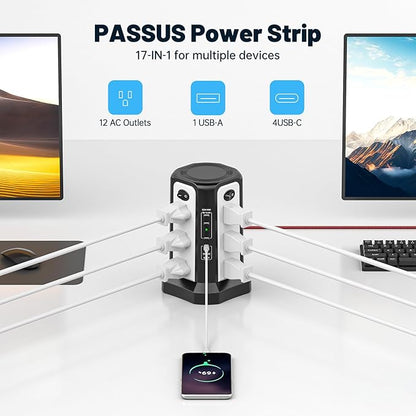 PD65W USB C Fast Desktop Charging Station, PASSUS Surge Protector Power Strip with 12 AC Outlets|4 USB C|1 USB A, 10FT Extension Cord with Overload Protection for Home Office Dorm
