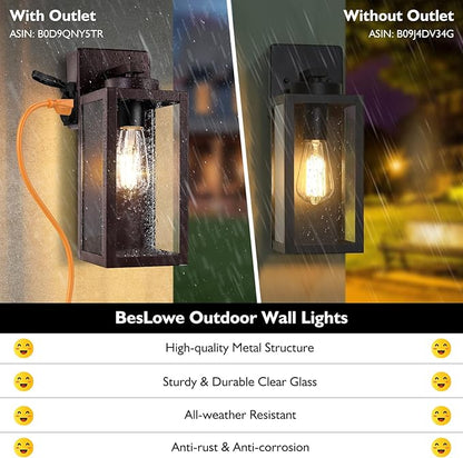 BesLowe 2-Pack Porch Lights with UL Certified Outlet, Modern Outdoor Wall Lights Exterior Lighting Fixtures Waterproof, Exterior Wall Sconces Outside Lights for House Front Door Garage, Brown