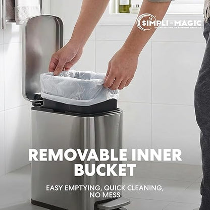 SIMPLI-Magic 6L/1.6G Stainless Steel Bathroom Trash Can with Hands-Free Foot Pedal, Quiet Soft-Close Lid, Compact Space-Saving Size