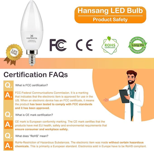 8 Pack E12 LED Candelabra Bulbs 3000K Warm White, B11 Ceiling Fan Light Bulbs Small Base, 6W 60Watt Equivalent, C37 Type B Light Bulb for Chandelier, 600 Lumen, Non-dimmable