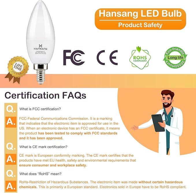 E12 LED Candelabra Bulbs 3000K Soft White 6W 60Watt Equivalent, B11 Ceiling Fan Light Bulbs Small Base, C37 Type B Light Bulb for Chandelier, 600 Lumen, Non-dimmable, 6 Pack