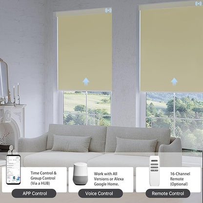Motorized Blinds with Remote, Blackout Smart Blinds for Windows Automatic Shades Compatible with Alexa, Motorized Shades Customized for Bedroom Home Office (Blackout-Creamy Yellow)