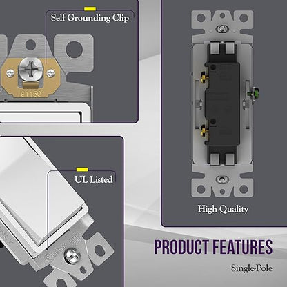 ENERLITES Decorator Paddle Light Switch with Wall Plates, Wall Decor Switch, Single Pole, 3 Wire, Grounding Screw, Residential Grade, 15A 120V/277V, UL Listed, White