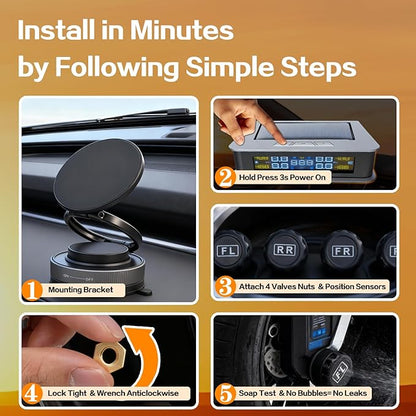 Tire Pressure Monitoring System with Magsafe Car Mount, Solar and USB Charger Tire Pressure Monitor with 4 External Sensors & 6 Alarm Modes, Real-time Wireless TPMS for Car Sedan SUV Pickup