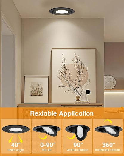 POPANU Gimbal LED Recessed Light - 4 Inch Black 9W 360° Rotation Directional Adjustable Eyeball Sloped Ceiling Recessed Lighting 4 inch Light Wafer Soffit Indoor Spotlight Canless Black 4 inch 6 Pack