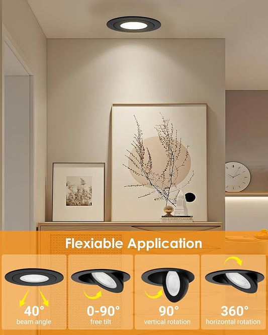 POPANU Gimbal LED Recessed Light - 4 Inch Black 9W 360° Rotation Directional Adjustable Eyeball Sloped Ceiling Recessed Lighting 4 inch Light Wafer Soffit Indoor Spotlight Canless Black 4 inch 6 Pack