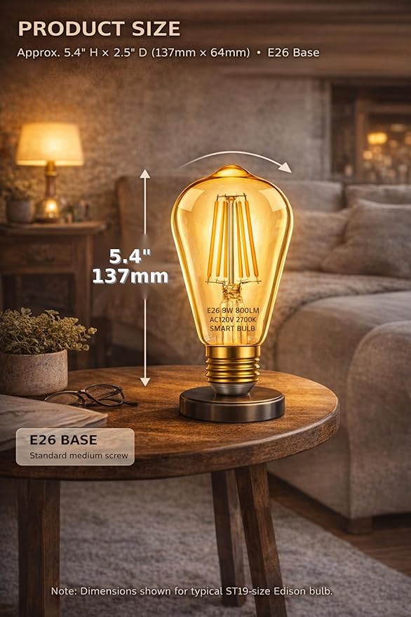 Smart Bulbs LED Smart Light Bulb WiFi Dimmable No Hub Required Edison Vintage WiFi Edison Smart Bulb ST19 Vintage Filament Smart Bulb E26 Base Soft Warm Amber No Hub Required
