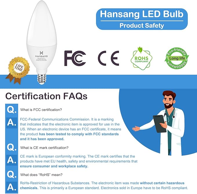 Candelabra LED Bulbs,60 Watt Equivalent,6000K Cool Daylight,Type B Light Bulb,Pack of 8,E12 Small Base,Non-Dimmable,Decorative Chandelier Bulb